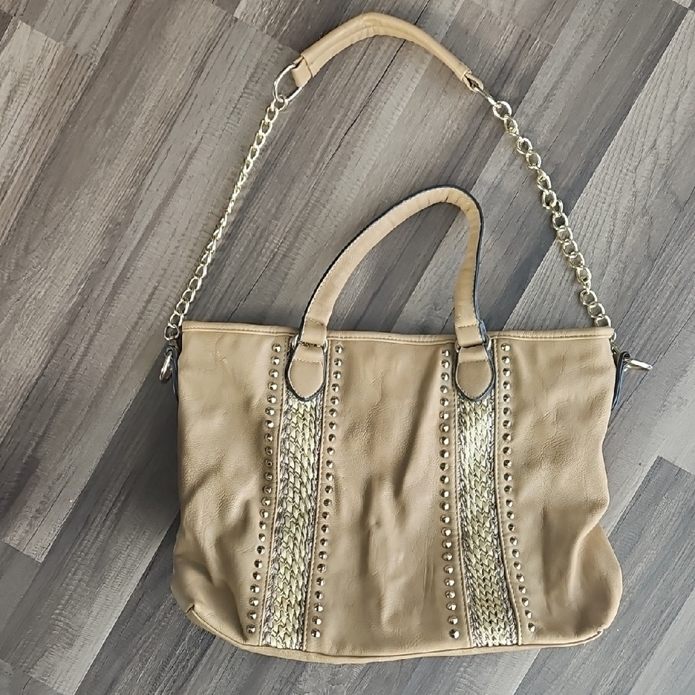 Chic Tan Studded Tote with Chain Strap